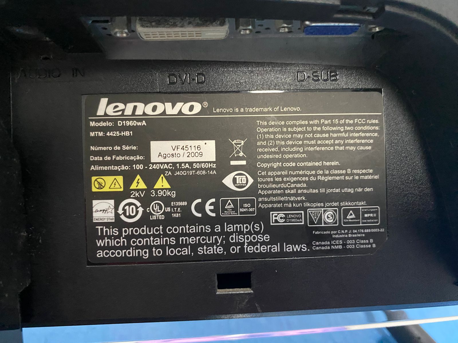 Monitor 18.5' Lcd D1960wa (Usado) Lenovo Wide Vga / Dvi Preto - Imagem 4